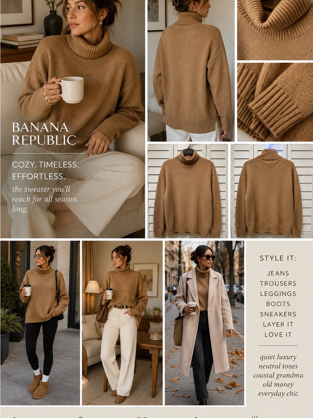 Banana Republic Sweater Women XL Camel Brown Turtleneck Quiet Luxury Minimalist
